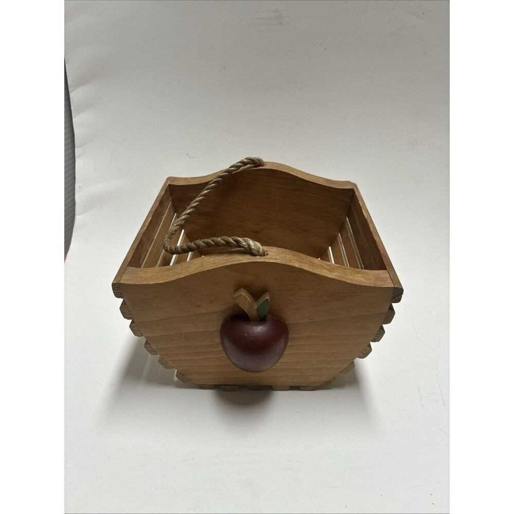 Wooden Apple Basket  Raised Apple on Ends and Rope Handle Country Cottagecore